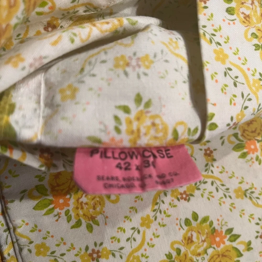 Sears Floral Pillowcase Pr Yellow Green Orange Cotton Poly Standard Vintage 70s